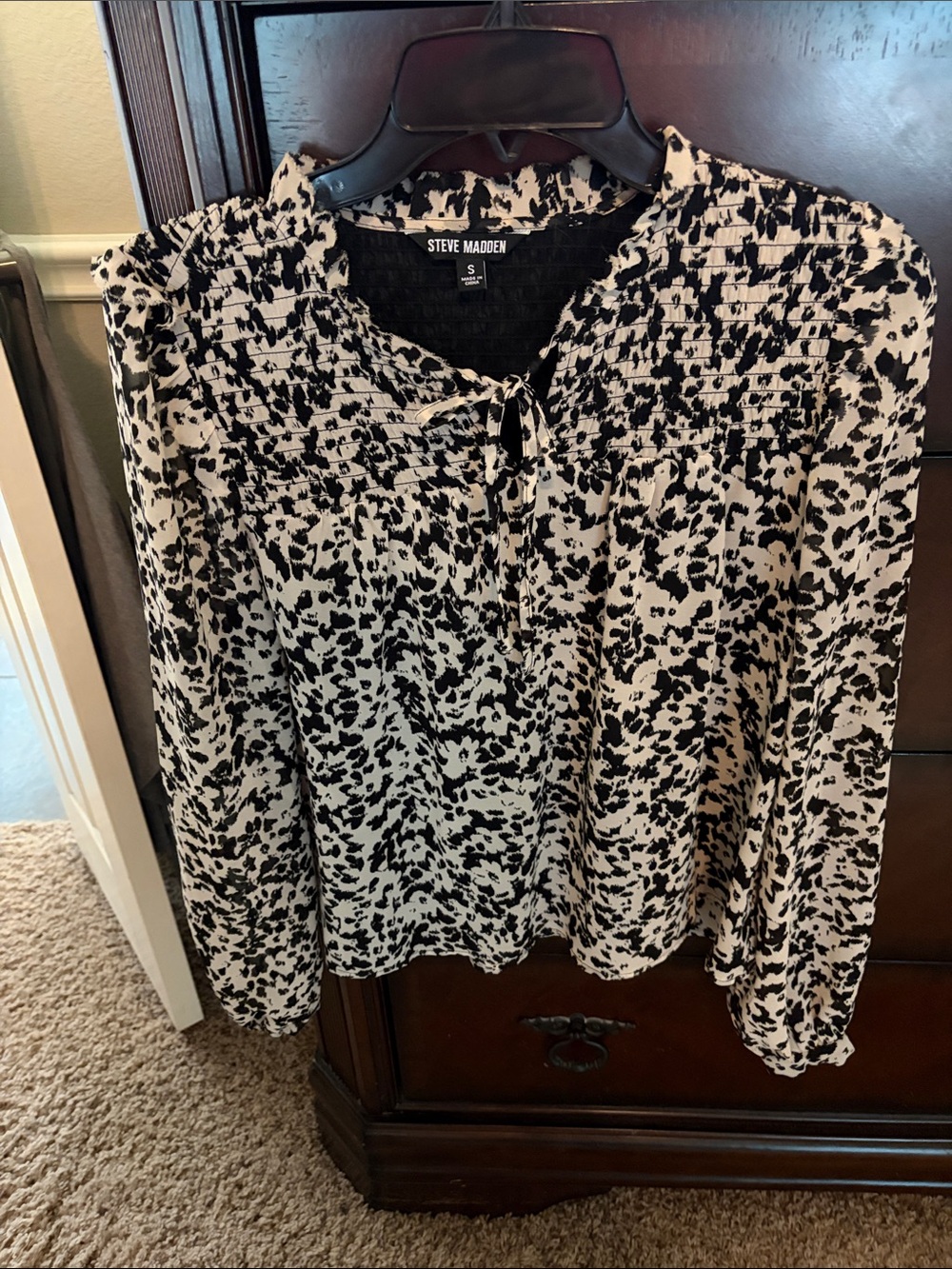 Steve Madden Black and White Tie-Neck Smocked Yoke Blouse